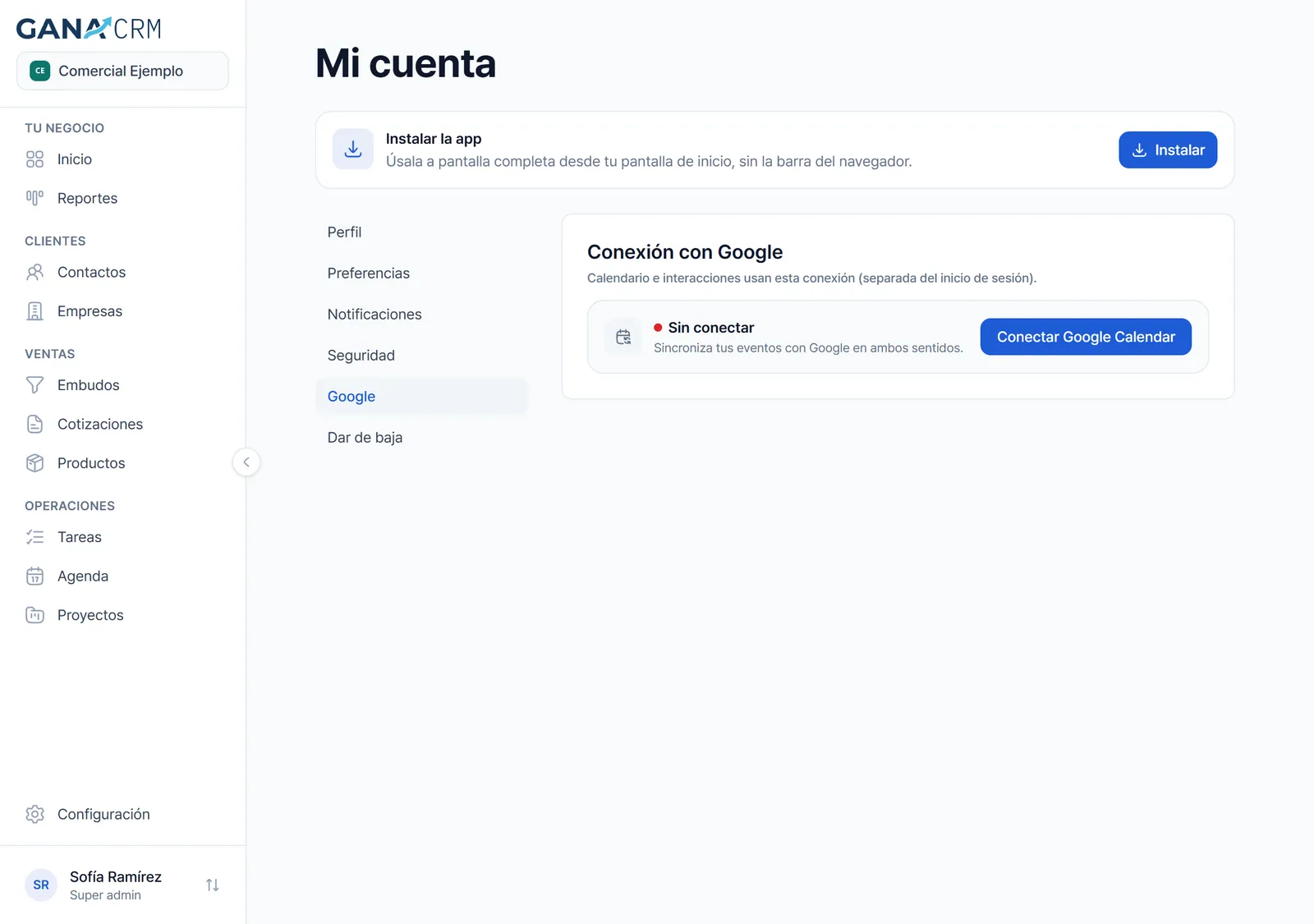 Sección Google de la cuenta, con el título Conexión con Google, la explicación y el aviso Sin conectar con el botón Conectar Google Calendar