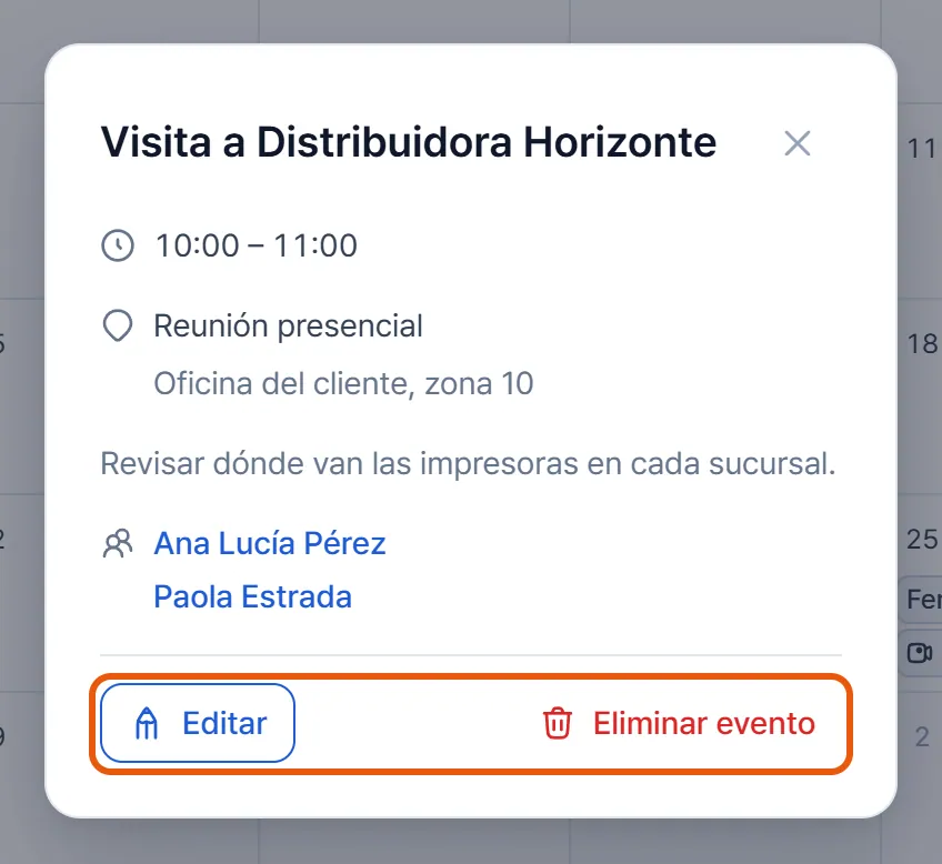 Detalle de una reunión presencial con la hora, el tipo y el lugar, la descripción, las personas y los botones Editar y Eliminar evento