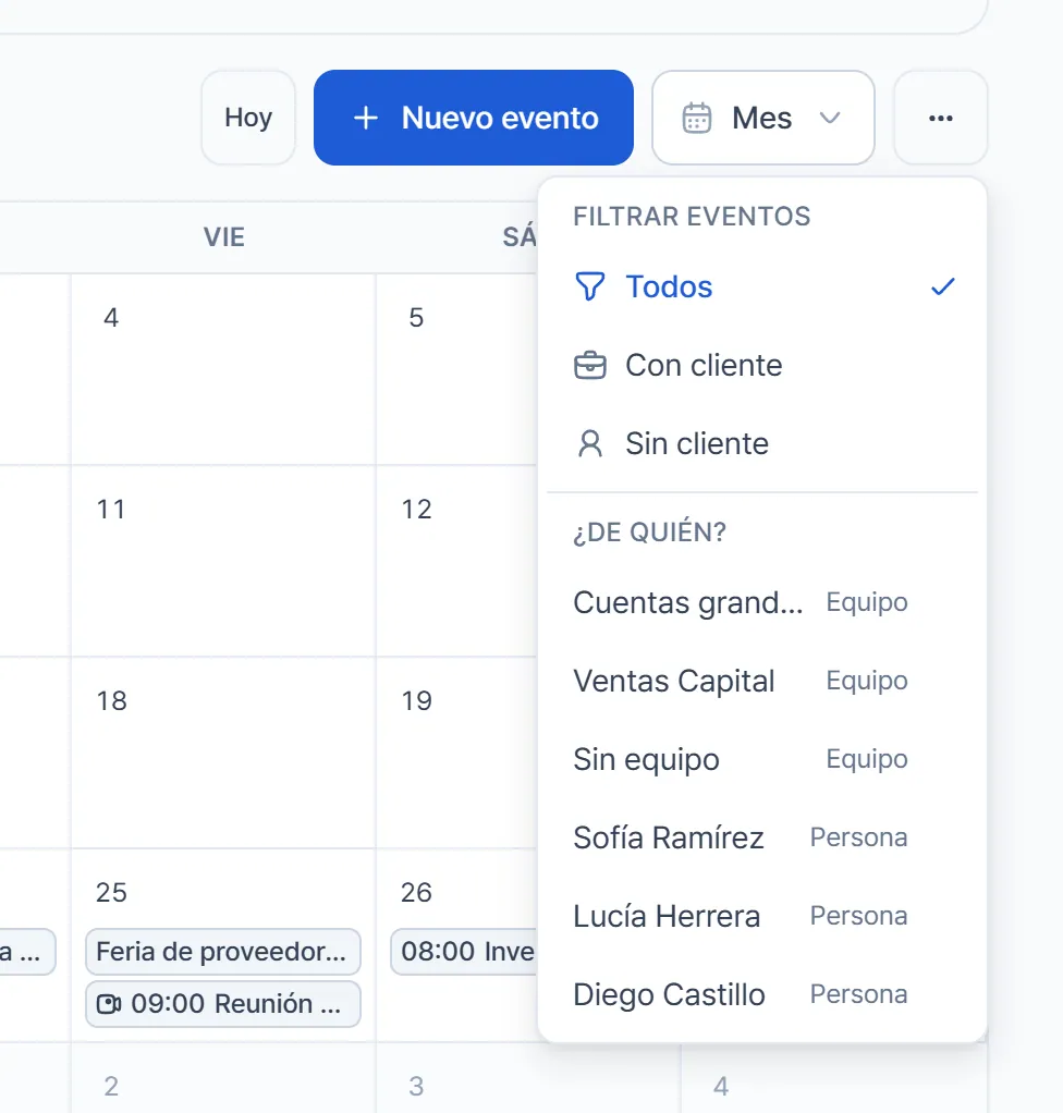 Menú Filtrar eventos abierto con Todos, Con cliente y Sin cliente, y debajo la sección De quién con equipos y personas