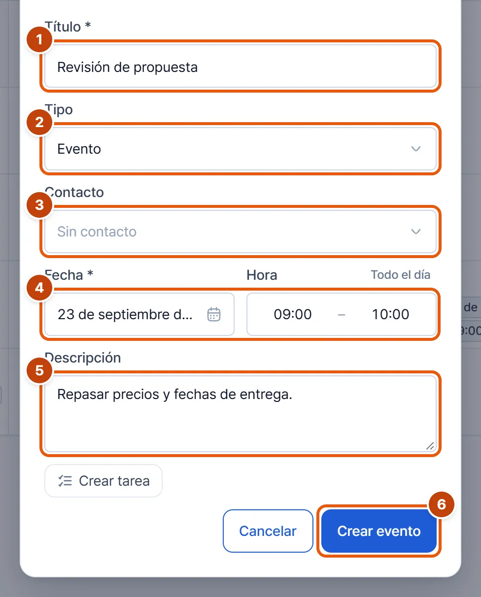 Formulario Nuevo evento con Título, Tipo, Contacto, Fecha, Hora, Descripción, la pastilla Crear tarea y los botones Cancelar y Crear evento