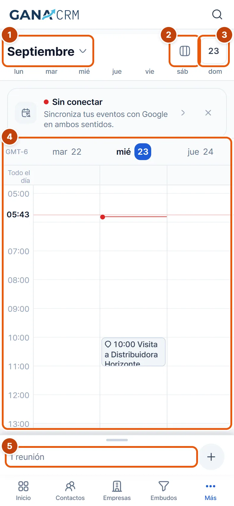 Agenda en un teléfono con el nombre del mes arriba, el selector de días a la vista, la pastilla de hoy, la rejilla de tres días y el panel de reuniones abajo