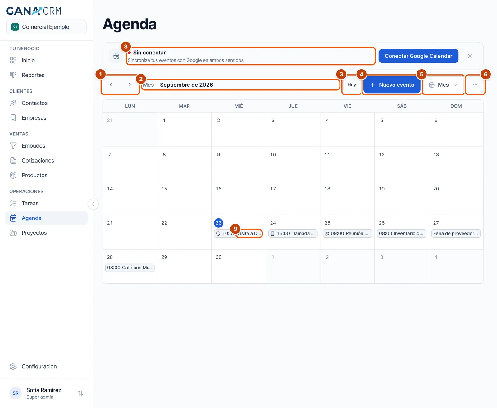 Agenda en la computadora en vista de mes, con la barra de navegación, el botón Nuevo evento, el selector de vista, el menú de filtros, el aviso de Google Calendar y las citas en cada día