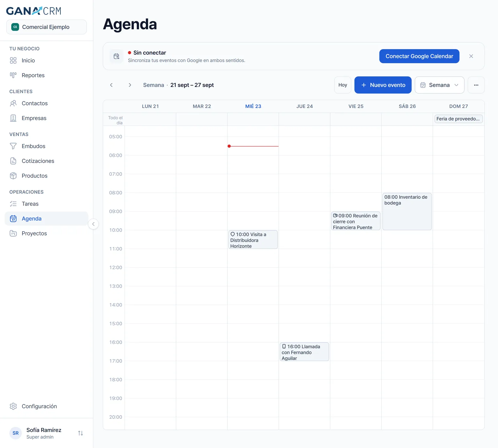 Agenda en vista de semana con las horas a la izquierda, la franja de Todo el día y varias citas de distintos tipos