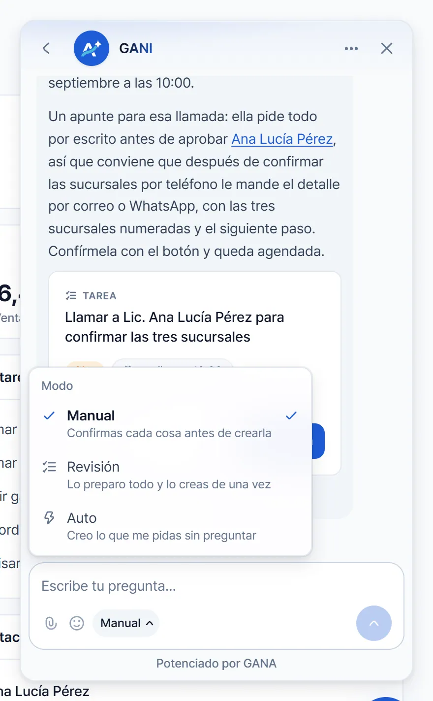 El menú Modo abierto junto al botón de emojis, con las opciones Manual, Revisión y Auto