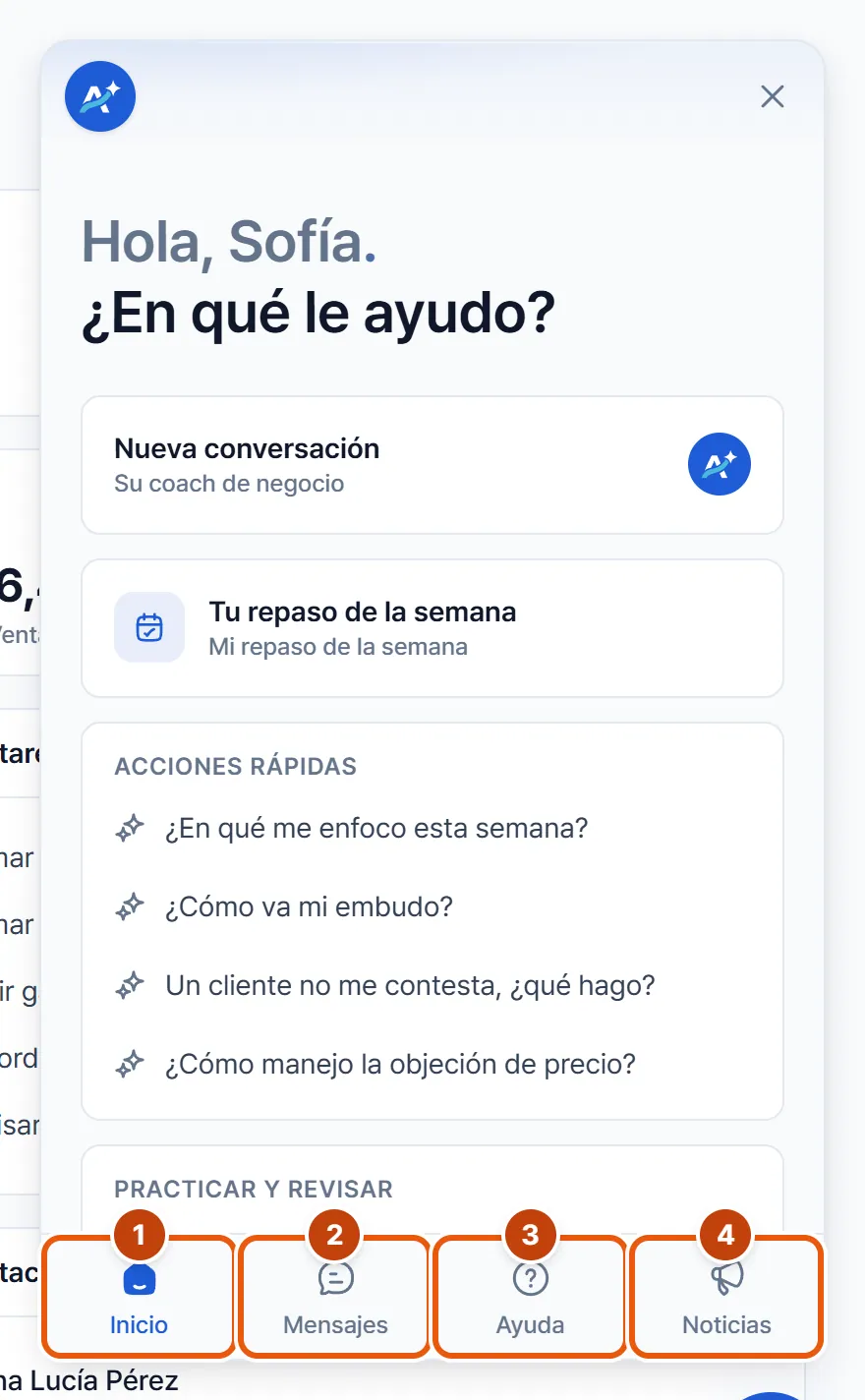 El panel de GANI abierto en su pestaña Inicio, con el saludo, las acciones rápidas y Practicar y revisar