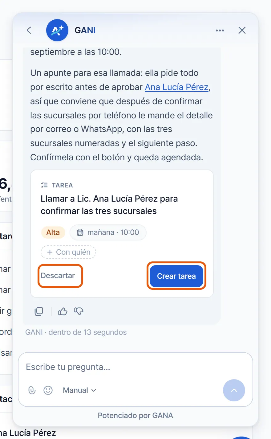 Una tarjeta de propuesta de GANI con los datos de una tarea y los botones Descartar y Crear tarea