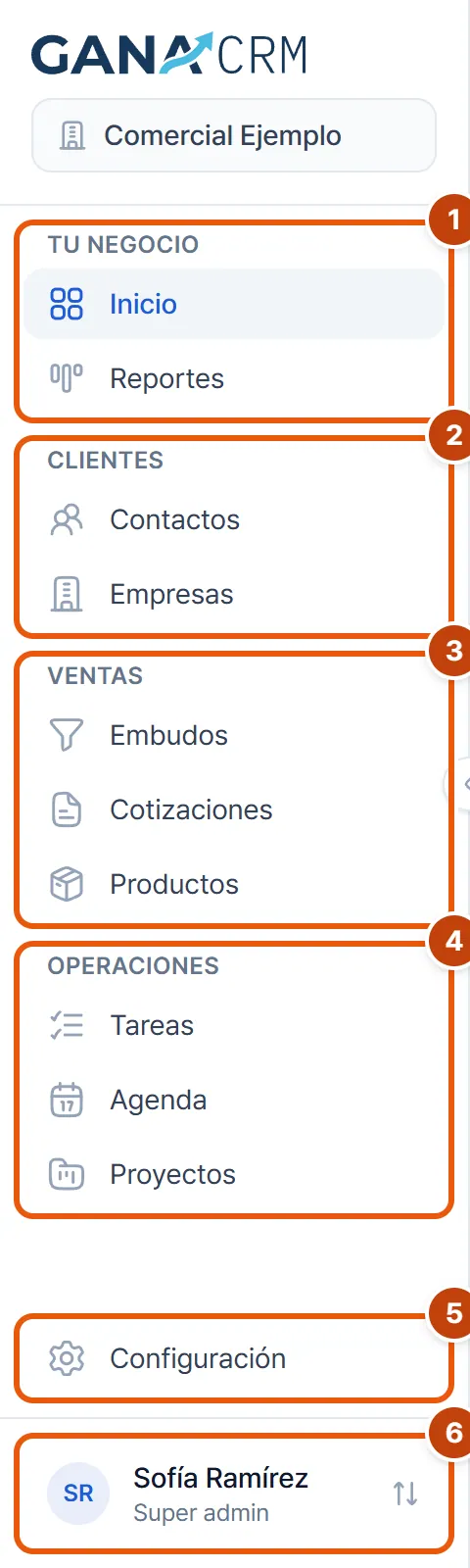El menú lateral de GANA CRM con sus cuatro grupos, Configuración y la tarjeta de la cuenta