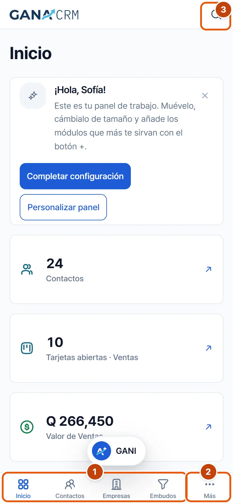 GANA CRM en el teléfono, con la barra de abajo y el botón de búsqueda arriba