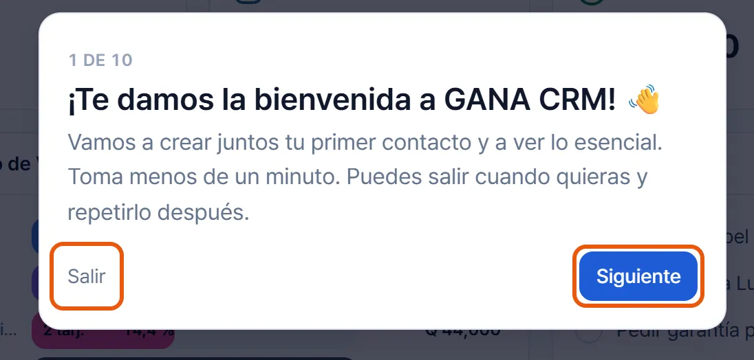 El primer paso del tour de bienvenida, con los botones Salir y Siguiente