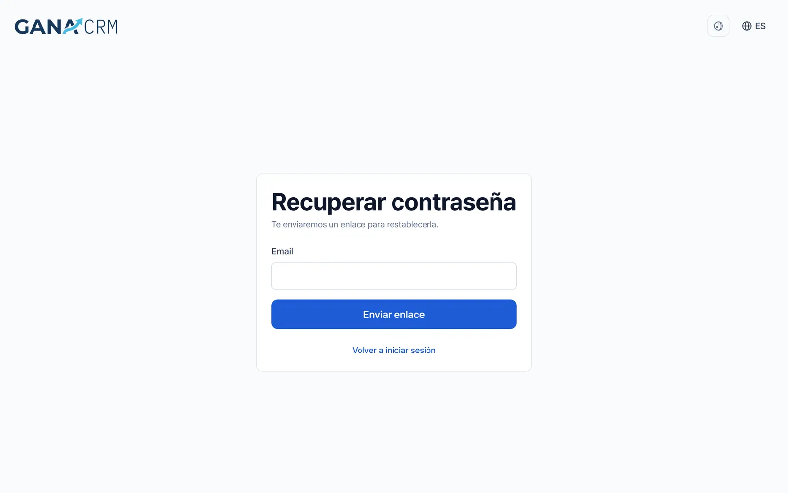 Pantalla Recuperar contraseña con el campo Email, el botón Enviar enlace y el enlace Volver a iniciar sesión