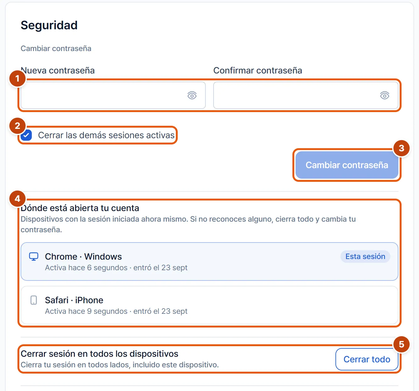 Sección Seguridad de la cuenta con los campos Nueva contraseña y Confirmar contraseña, la casilla Cerrar las demás sesiones activas, el botón Cambiar contraseña, la lista de sesiones y el botón Cerrar todo