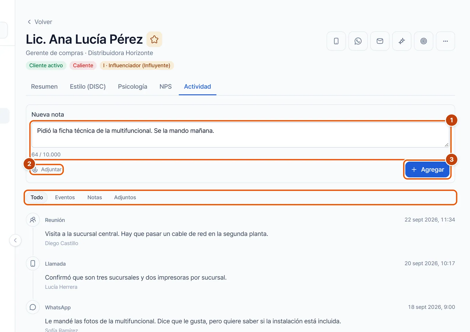 Pestaña Actividad con el cuadro Nueva nota, los filtros y la línea de tiempo
