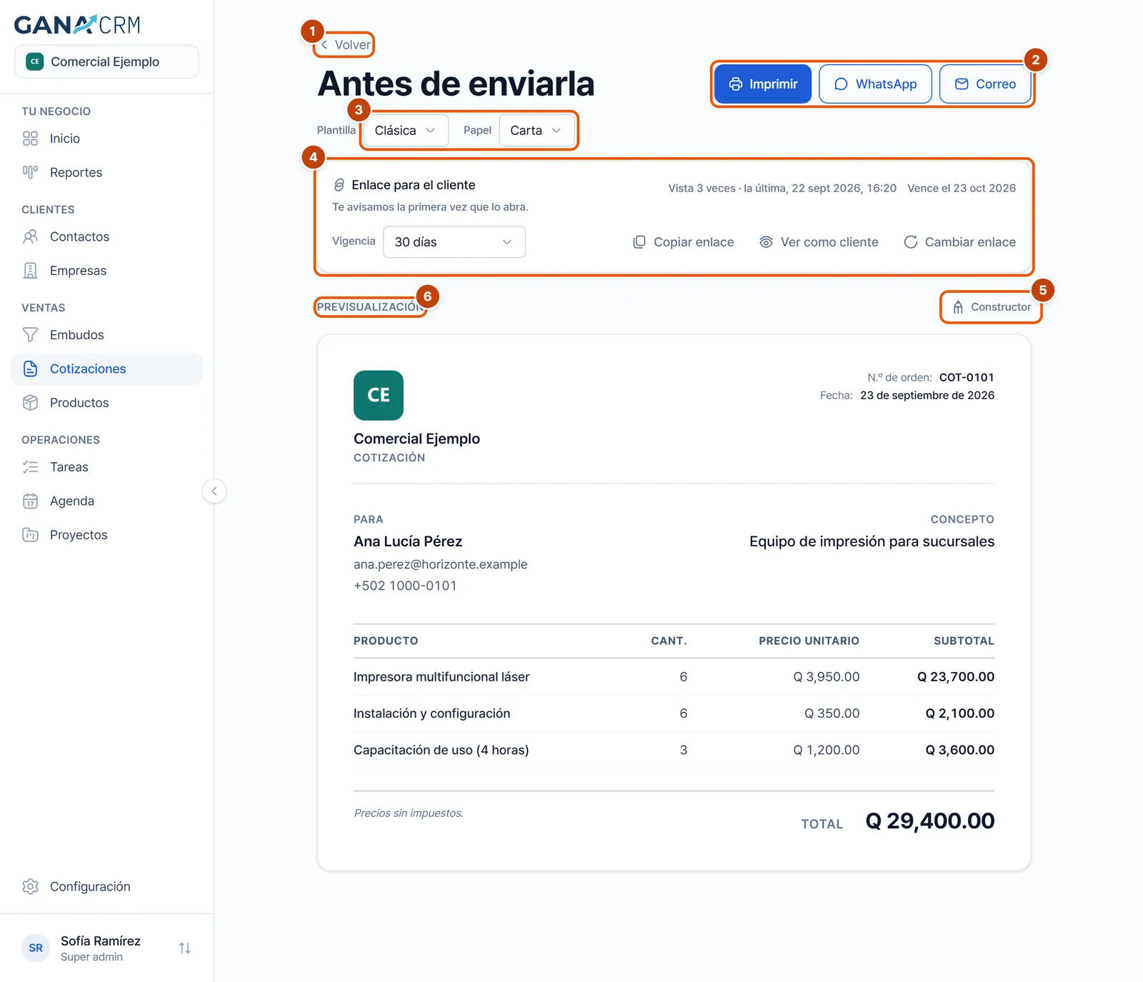 Pantalla Antes de enviarla con los botones para mandar, el enlace para el cliente y el documento