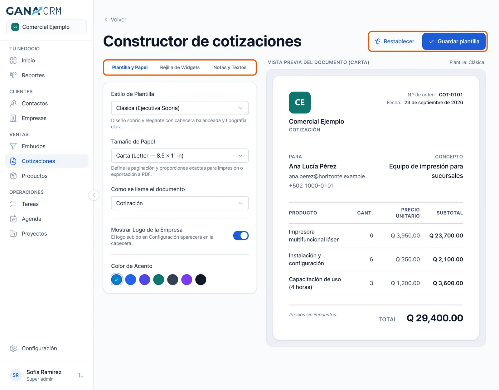 Constructor de cotizaciones con sus pestañas y la vista previa