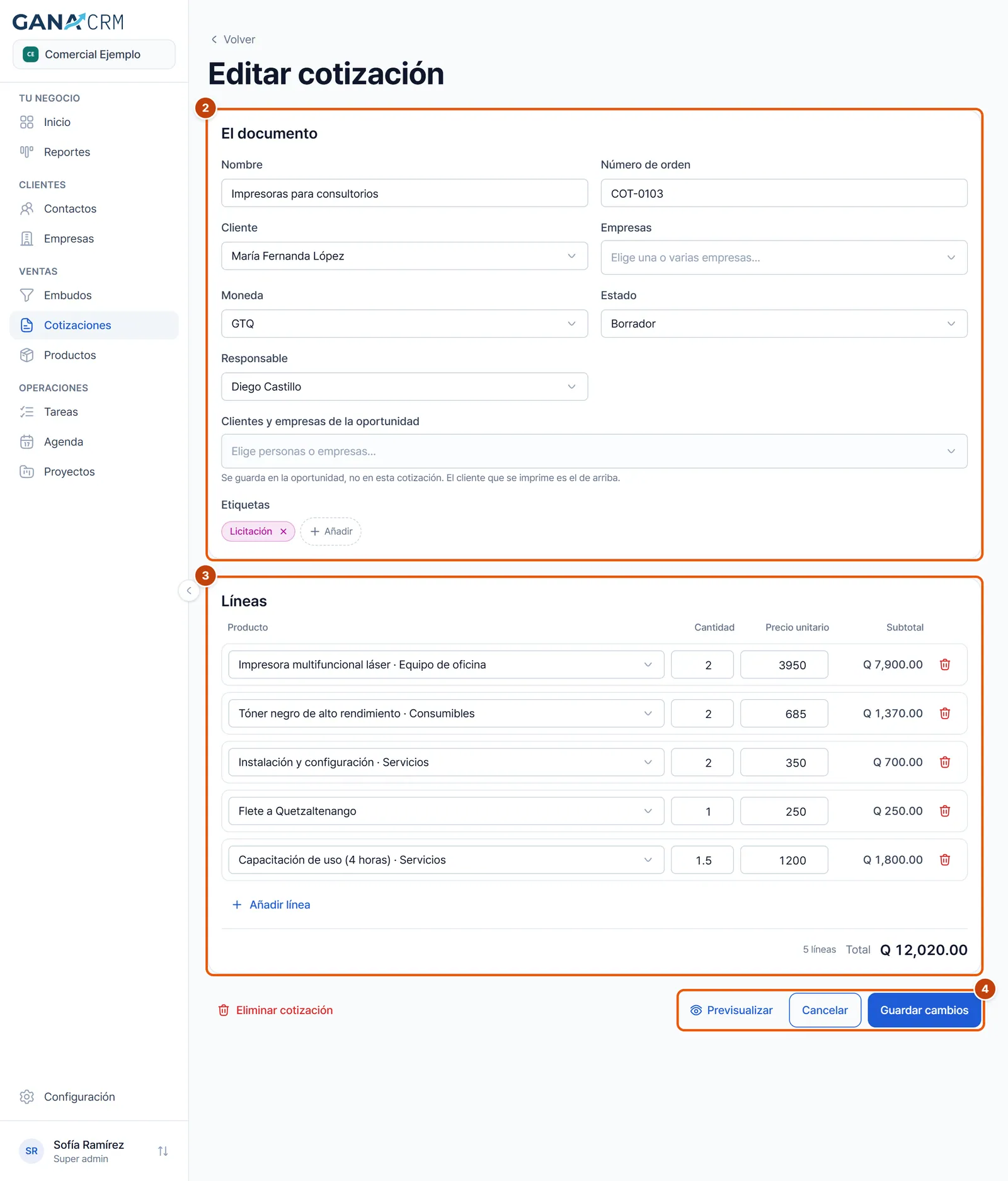 Editor de cotización con los bloques El documento y Líneas