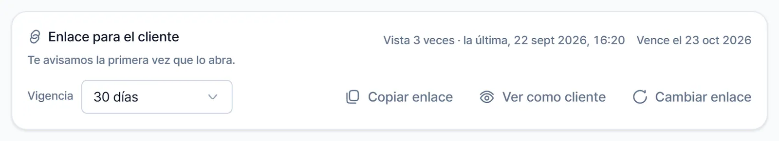 Tarjeta Enlace para el cliente con las visitas, la vigencia y los botones