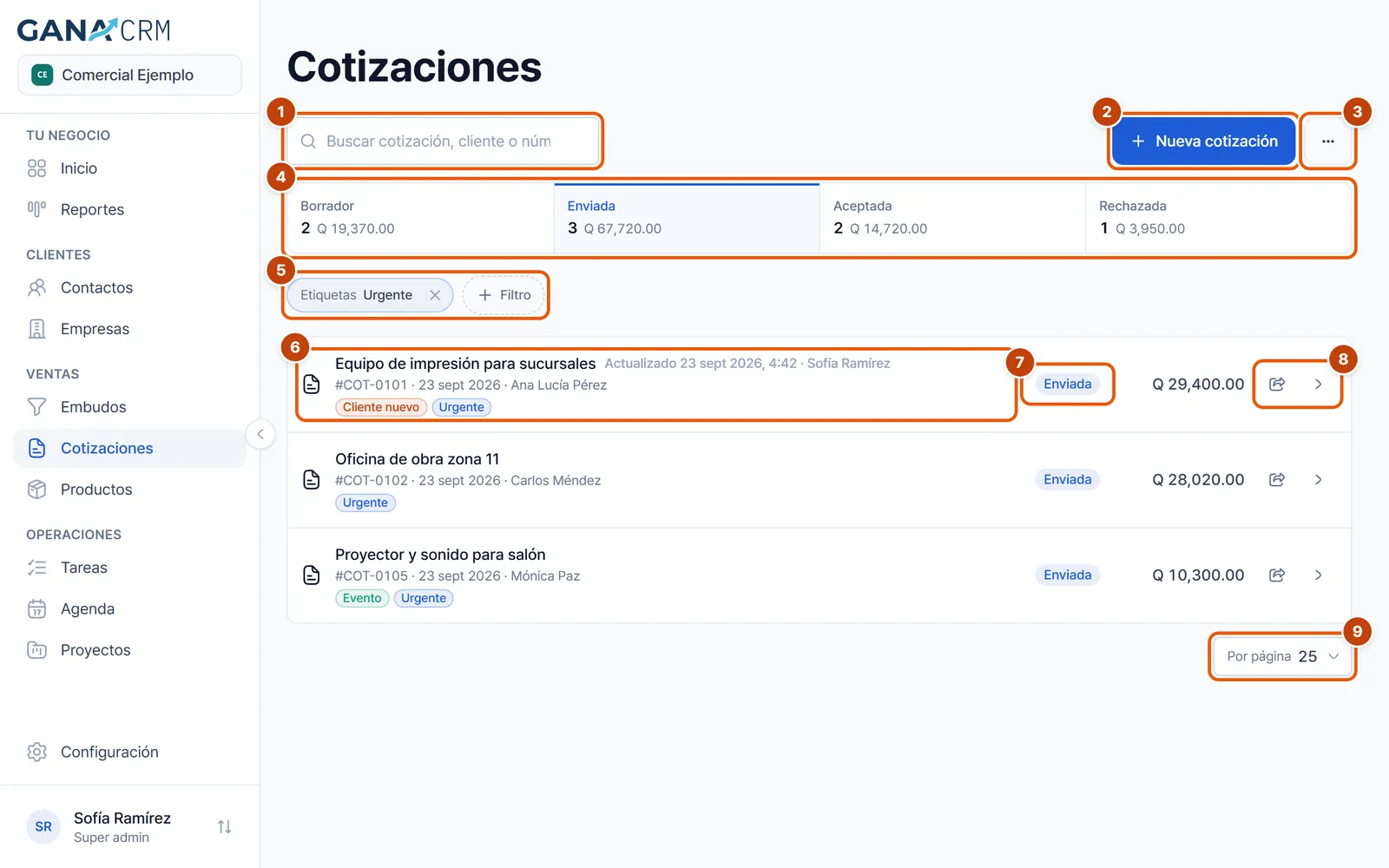 Lista de cotizaciones con la tira de totales por estado, el buscador y las filas