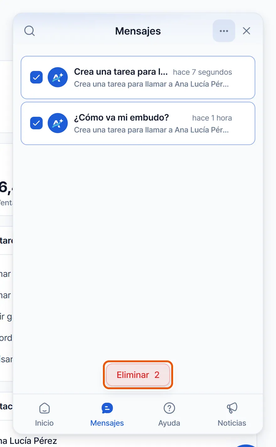 La lista de conversaciones de GANI en modo selección, con dos marcadas y el botón Eliminar
