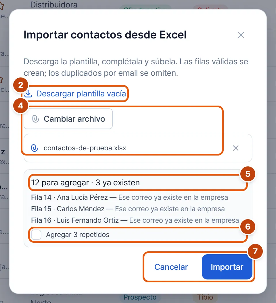 Ventana de importación con el resumen de filas nuevas y repetidas