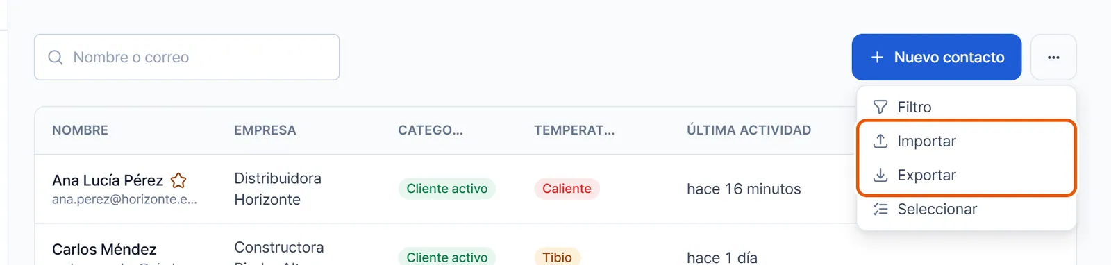 Menú Más acciones de Contactos con las opciones Importar y Exportar