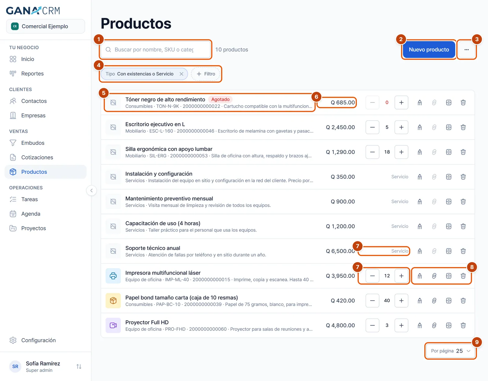 Lista de productos con el buscador, el menú Filtrar y ver y las filas con precio, existencias y acciones