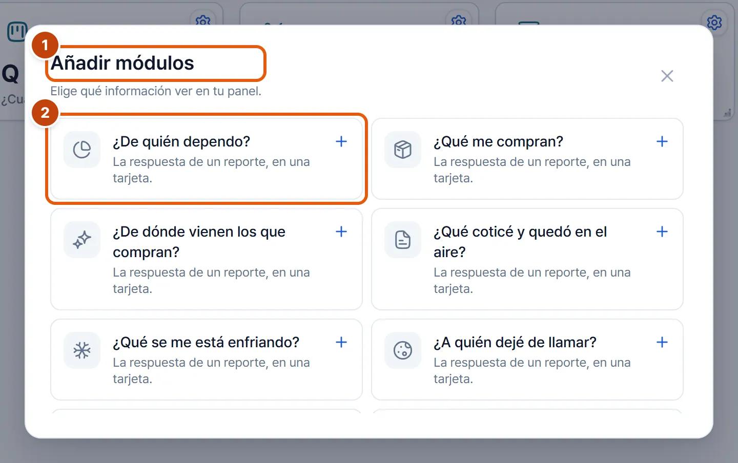 Ventana Añadir módulos en Reportes, con varios reportes disponibles, cada uno con su pregunta