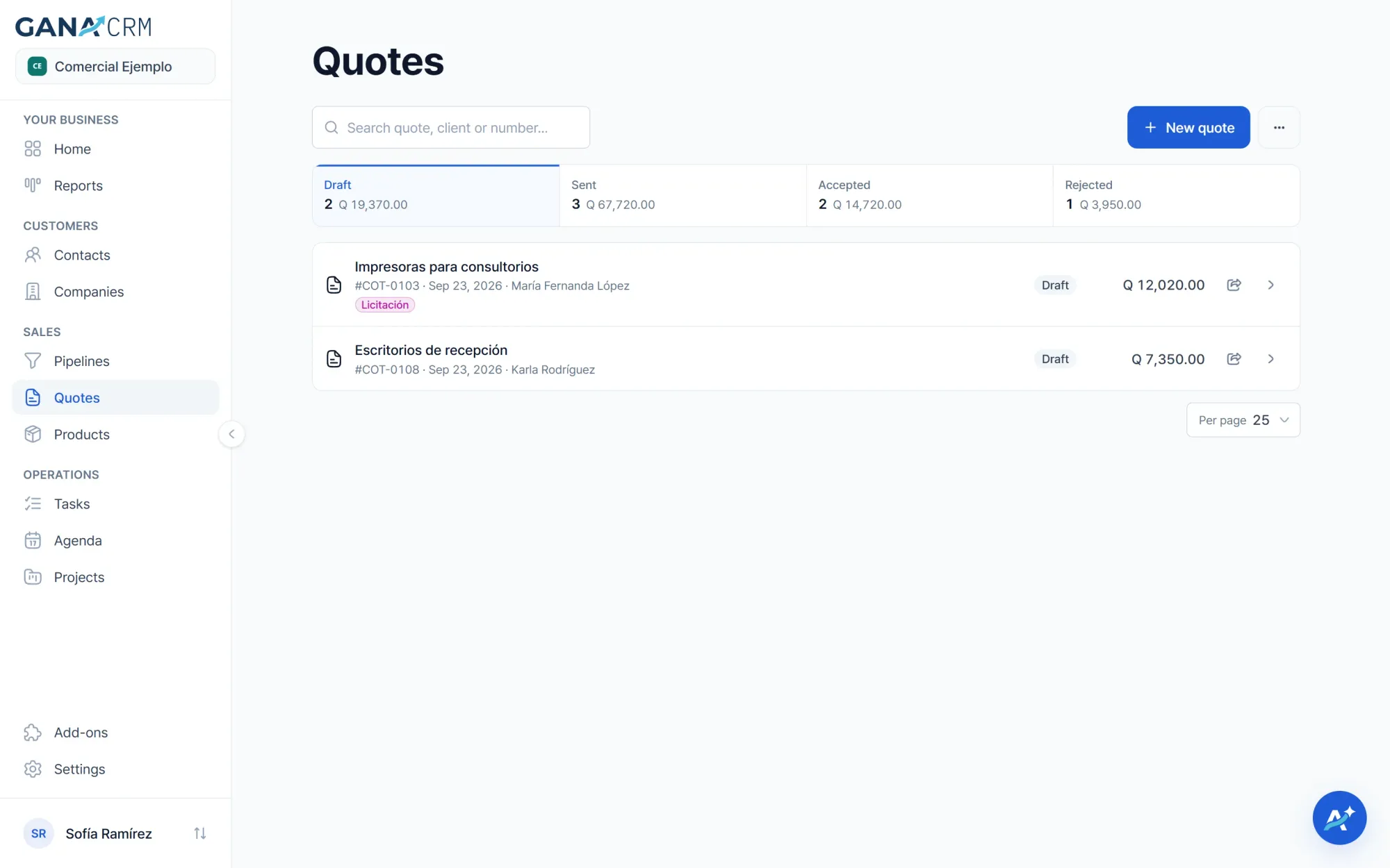 GANA CRM quotes grouped as draft, sent, accepted and rejected