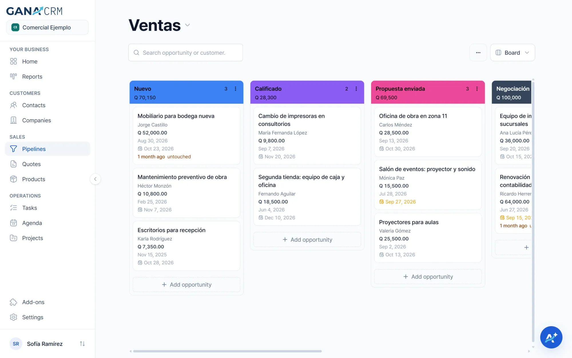 Shared sales pipeline in GANA CRM with opportunities by stage