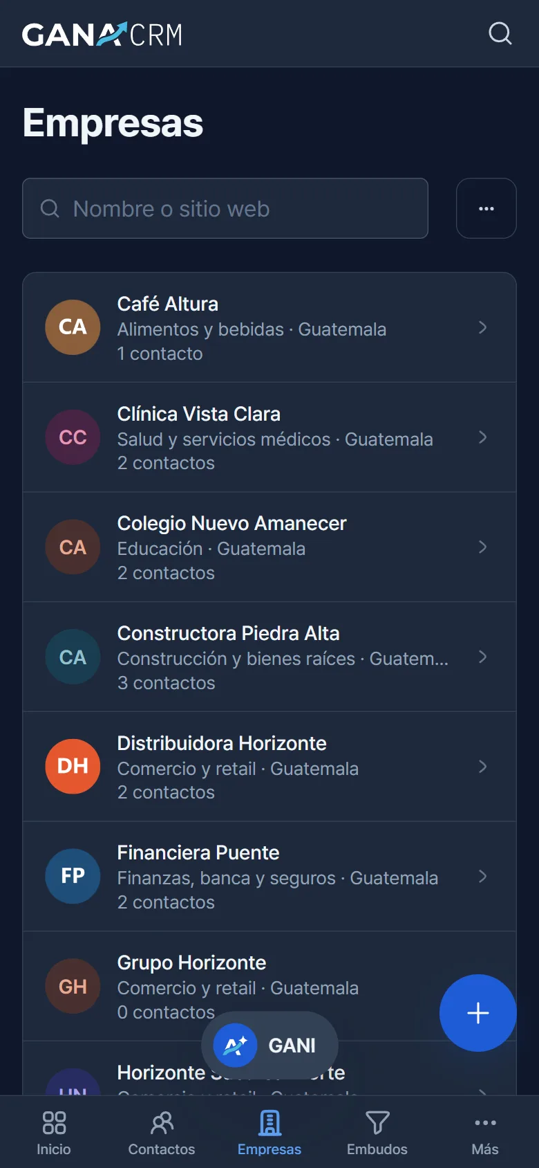 Lista de empresas de GANA CRM en el teléfono