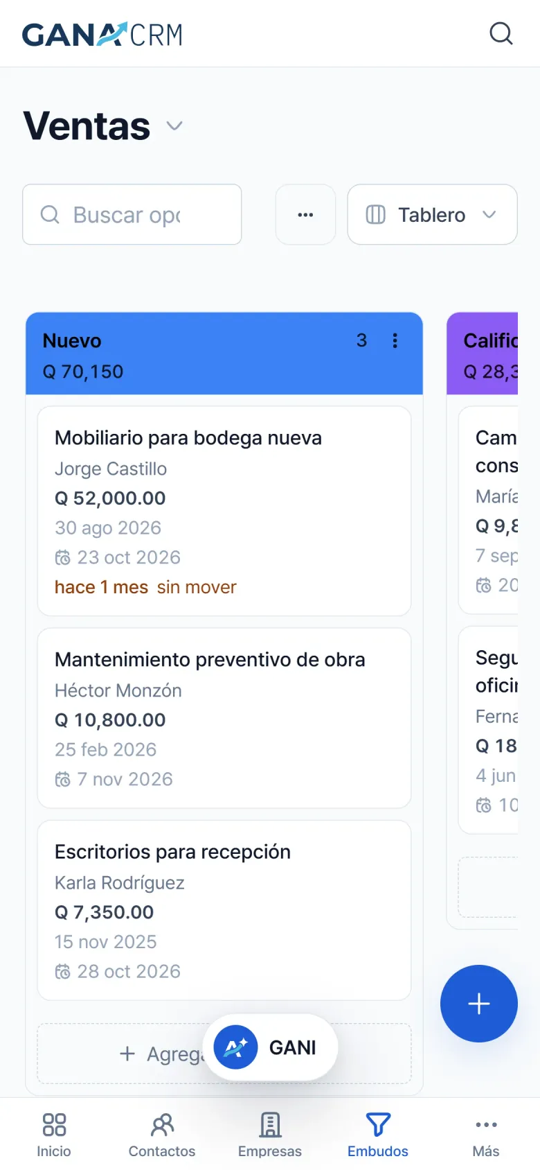 Embudo de ventas compartido en GANA CRM con oportunidades por etapa