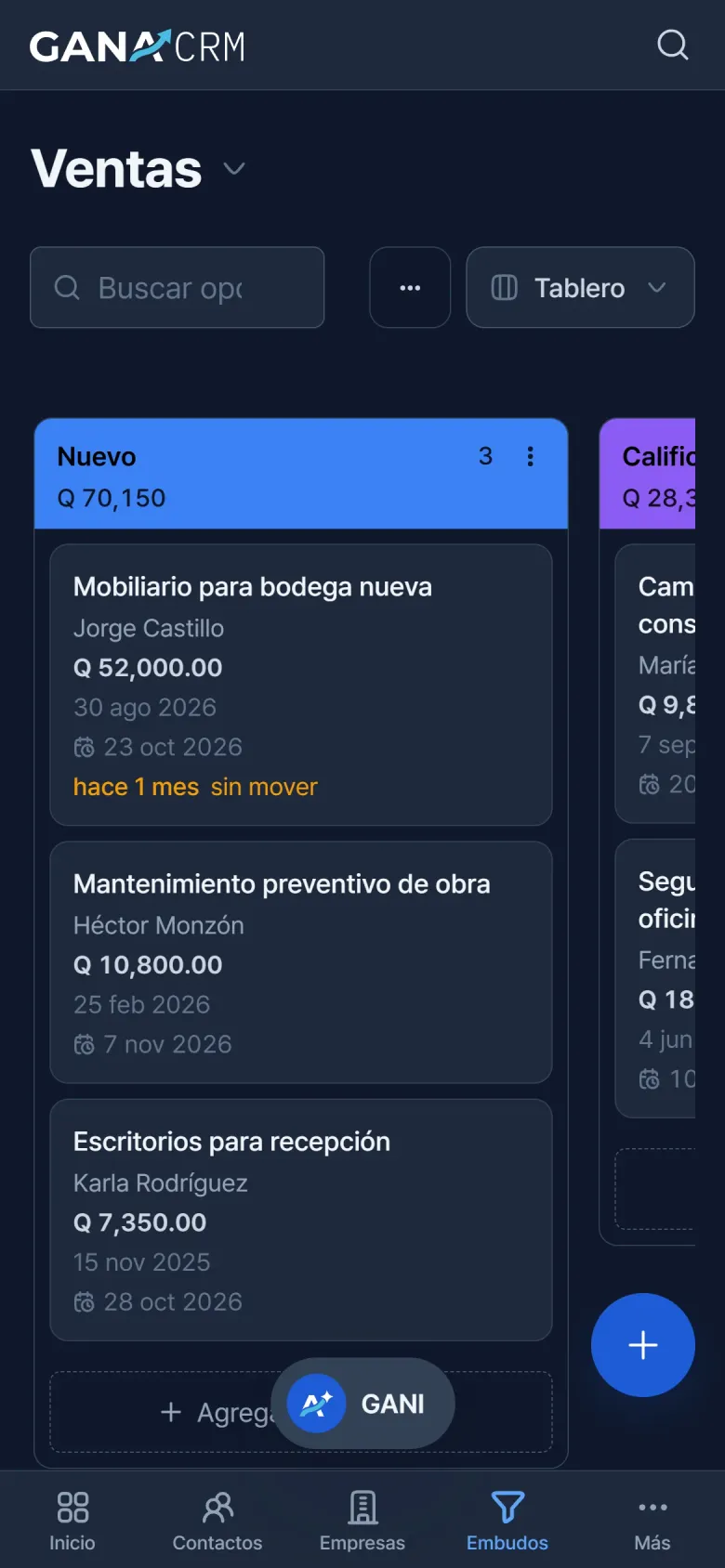 Embudo de ventas de GANA CRM en el teléfono